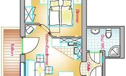 A floor plan drawing of an apartment. It shows a bedroom, a living room, and a bathroom.