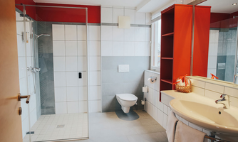A modern bathroom with a shower and toilet. The walls are in white and gray, complemented by red accents.