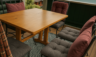 A beautiful dining area on a porch with a wooden table and comfortable chairs. In the background, there is a lake and green mountains.