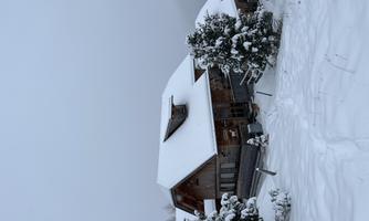 A cozy wooden house in the snow, surrounded by snow-covered trees. The sky is gray and the landscape appears wintry and peaceful.