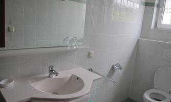 A bright bathroom with a sink and a mirror. Next to the sink is a toilet.