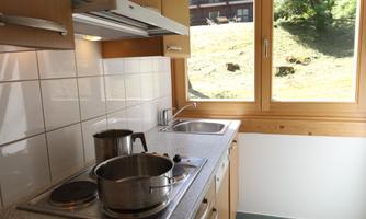 A bright kitchen with modern appliances and a large window. The view shows a green outdoor area with trees.