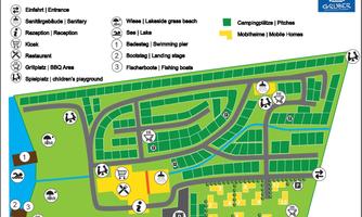An overview map of the Gruber campsite. It shows various areas such as mobile homes, a playground, and access to the lake.