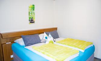A cozy bedroom with a double bed and colorful cushions. A decorative picture with plant motifs hangs on the wall.