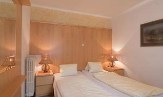 A simple bedroom with two single beds and wood paneling. Next to the beds are two table lamps and a dresser.