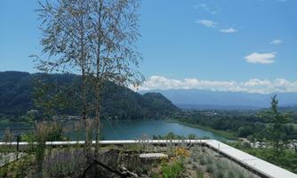 A beautiful view of a lake, surrounded by mountains and green shores. The sky is clear and blue with a few clouds.