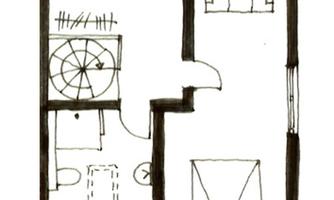 A simple sketch of a floor plan. The rooms are arranged schematically with windows and doors.