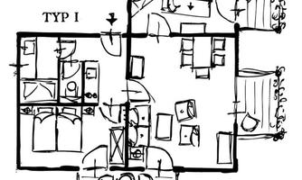 A simple floor plan of a house with several rooms. It shows a bedroom, living room, and a kitchen.