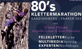 An advertising poster for the climbing marathon "Kanzianiberg" on May 23 and 24, 2015. It features various activities such as workshops and an outdoor fashion show.