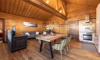 A cozy wooden apartment with modern furniture. The open space is bright and inviting, perfect for social gatherings.