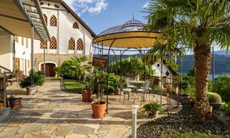 A beautiful outdoor area with a pergola and plants. In the background, there is an elegant building and a picturesque landscape.