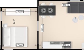 A floor plan drawing of an apartment with a sleeping area and a living area. The dimensions of the rooms are clearly indicated.