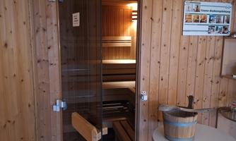 A Finnish sauna with a glass door and wood paneling.