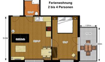 A floor plan drawing of a holiday apartment for 2 to 4 people. It shows a living area with a kitchen, a bedroom, and a balcony.