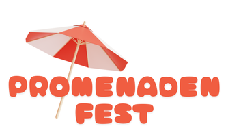 Ein Sonnenschirm mit rot-weißen Streifen über dem Text „PROMENADEN FEST“. Die Illustration vermittelt eine festliche, sommerliche Stimmung.