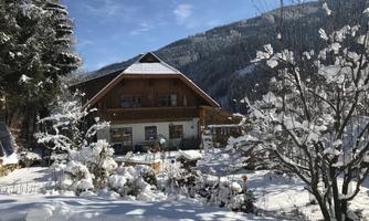 A cozy wooden house in the snowy winter forest. The surroundings are covered in snow, and the mountains are visible in the background.