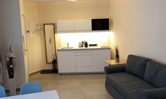 A modern apartment with a kitchen and a living area. The space is bright and friendly with a sofa and a dining table.