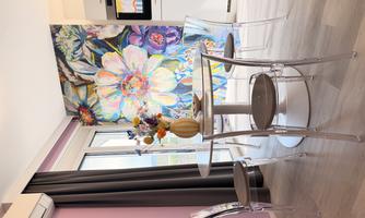 A modern dining area with a round table and transparent chairs. The wall is decorated with a colorful flower painting.