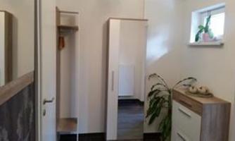 A bright hallway with a mirror, a coat rack, and a shoe cabinet. A plant stands next to a windowsill.