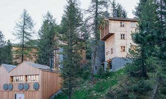 Modern wooden houses are situated among tall trees in a natural setting. The buildings feature different architectures and are harmoniously integrated into the landscape.