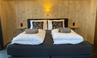 A cozy bedroom with a double bed and wood paneling. Soft bedding and decorative cushions create an inviting atmosphere.