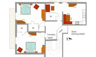 A clear floor plan of a holiday apartment with several rooms and bathrooms. The plan shows the layout of bedrooms, living area, and kitchen.