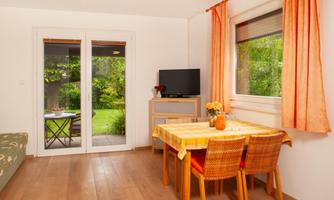 A cozy room with a table, chairs, and a television. Large windows provide a view of the green garden.