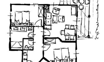 A sketch of a floor plan for a building. The plan shows different rooms and their arrangement.