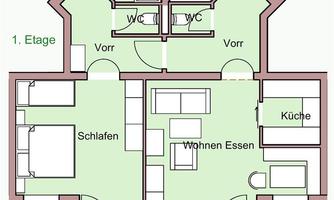 A floor plan of an apartment with two bedrooms, a kitchen, and a spacious balcony. The layout also includes a bathroom and two entrance areas.