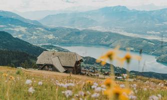 A picturesque landscape with colorful flowers and a lake in the background. A cozy wooden house stands in a meadow overlooking the mountains.
