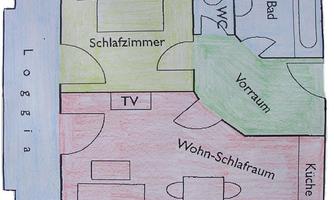 A floor plan of an apartment with different rooms. The areas are color-coded and labeled, including bedroom, living room, kitchen, and bathroom.