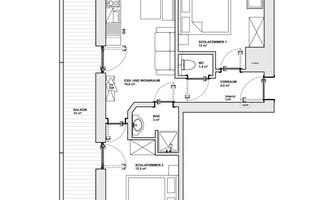 A floor plan of an apartment with two bedrooms, a bathroom, and an open living and dining area. The balcony is also included.