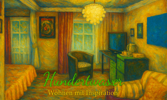 Stylized painting of a room with double bed, seating area, desk, television and two windows.