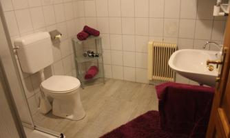 A simple bathroom with white tiles and a modern toilet. There is a sink, a glass shelf, and purple towels.