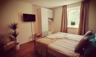 A modern bedroom with a large bed and wooden floor. A television on the wall and a window with a view of nature create an inviting atmosphere.