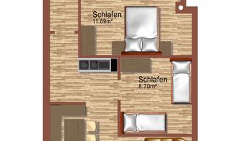 An apartment floor plan with various rooms, including a bedroom, living and dining area, as well as a balcony. The dimensions of the individual rooms are noted.