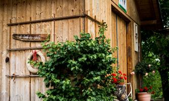 A rustic wooden building with a beautiful plant decoration. Flowers are in pots at the entrance.