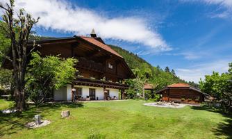 A traditional Bavarian house with a large garden. Surrounded by trees and the Alps in the background.