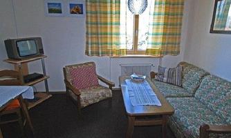A cozy living room with a sofa, an armchair, and a wooden table. The windows are adorned with checked curtains and there is an old television in the corner.