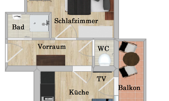 Floor plan of an apartment with one bedroom, bathroom, and kitchen. There are two balconies and a seating area.