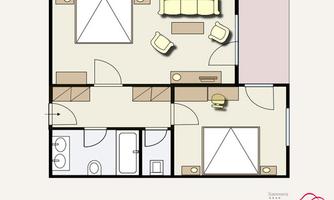 A simple floor plan drawing of an apartment. It shows different rooms such as a bedroom, a living room, and a bathroom.