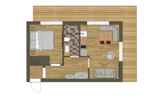 A room layout with a bedroom, bathroom, and living area. The decor is modern and well-structured, with wooden floors and cozy furniture.