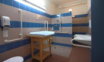 A barrier-free bathroom with a care bed, grab bars, and a shower. The walls are tiled in blue and beige.