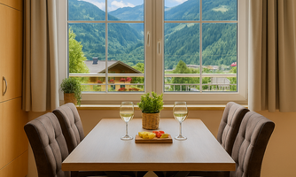 A bright dining room with a table and two chairs. Through the window, one looks out at a picturesque mountain landscape.