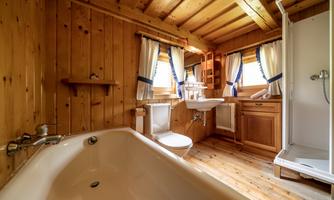 A cozy wooden bathroom with a bathtub, shower, and modern sanitary facilities. Large windows let in plenty of light.