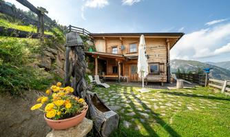 A beautiful wooden house in the mountains, surrounded by green meadows. In front of the house stands a blooming flower pot and a sunshade.