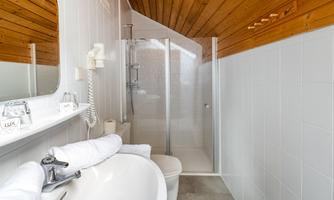 A modern bathroom with a shower and a white ceramic sink. The wooden ceiling creates a warm atmosphere.