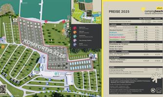 A clear map of a campsite with various plots and an area for comfort pitches. On the right, the prices for 2025 and further information are listed.
