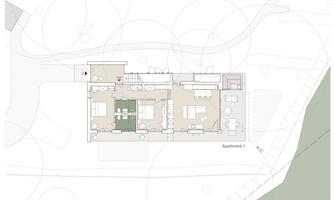 A floor plan sketch of an apartment with various rooms and furniture arrangements. The representation shows the layout and use of the space.