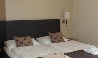 A cozy bedroom with two single beds and decorative pillows. The walls are painted in neutral colors and there is a lamp next to the bed.